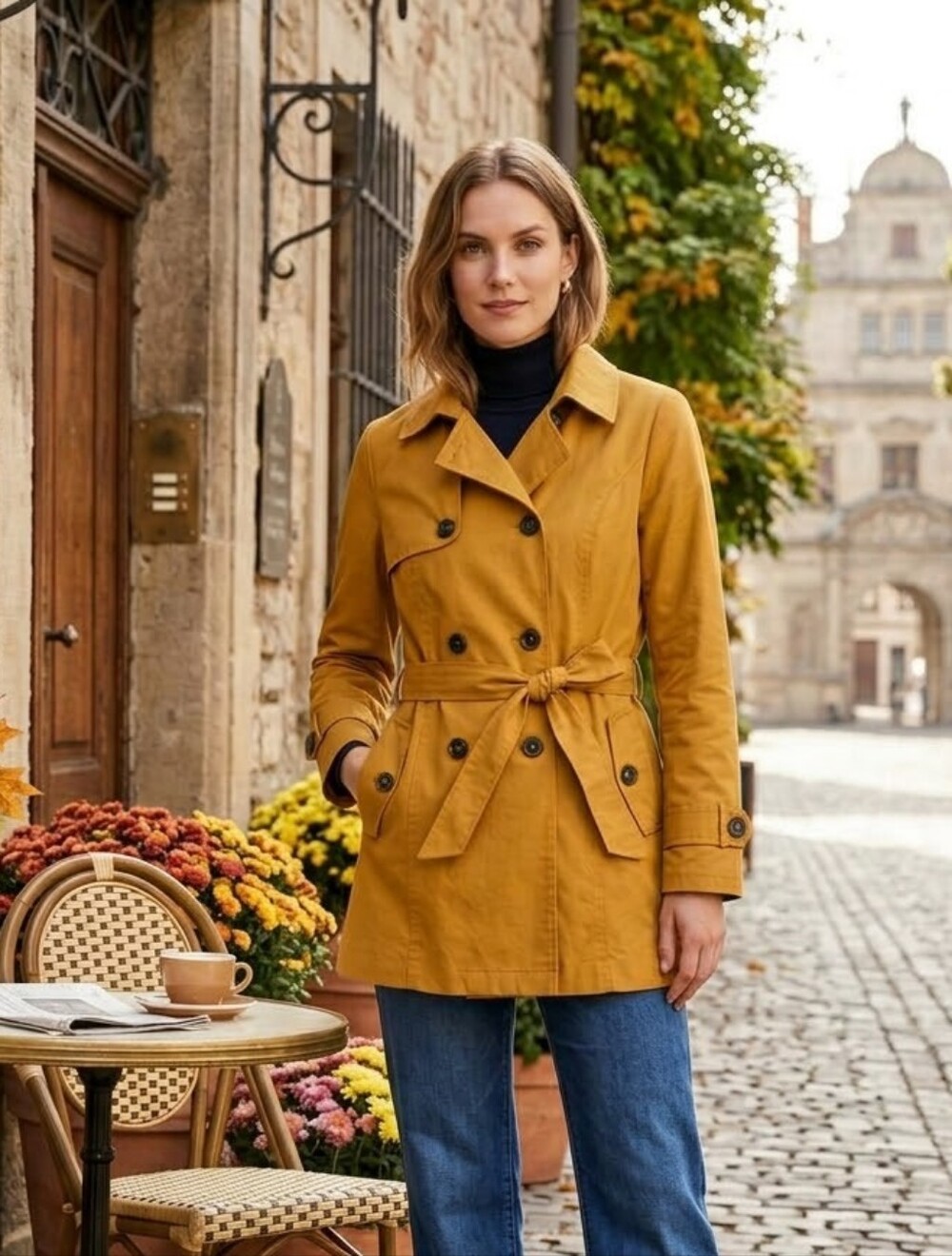 Mustard Yellow Double Breasted Trench Coat Belted Mid Length Jacket Size Medium